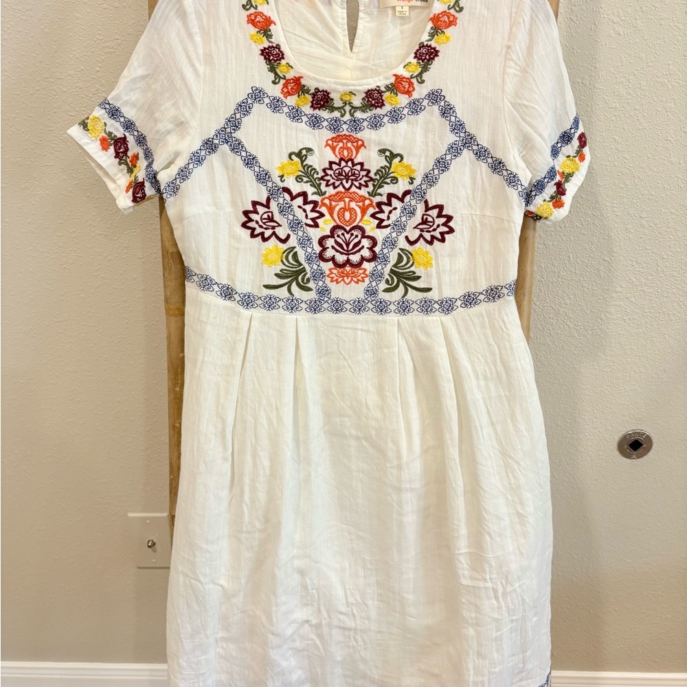 Roolee White Dress with Multicolor Embroidery